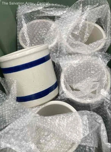 R.R.P. Co. Roseville Beige Blue Ceramic Round Crocks Lot Of 5