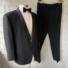 60s Vintage Fahey Brockman Black Wool 2pc Tuxedo w/ Satin Shawl Collar Chest 50