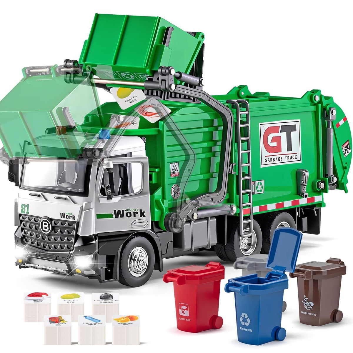 Garbage Truck Toys Metal Cab, Realistic Trash Truck Toys for Boys