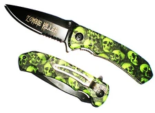 Green Skull ZOMBIE KILLER GRIP HANDLE ASSISTED OPENING RESCUE POCKET KNIFE 