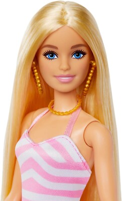 Modisch Puppe Blond Mit Pink & Weiß Badeanzug,Tragetasche Tasche Strand &