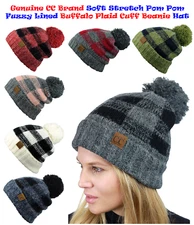 NEW! CC Beanie Soft Stretch Pom Pom Fuzzy Lined Buffalo Plaid Cuff Beanie Hat