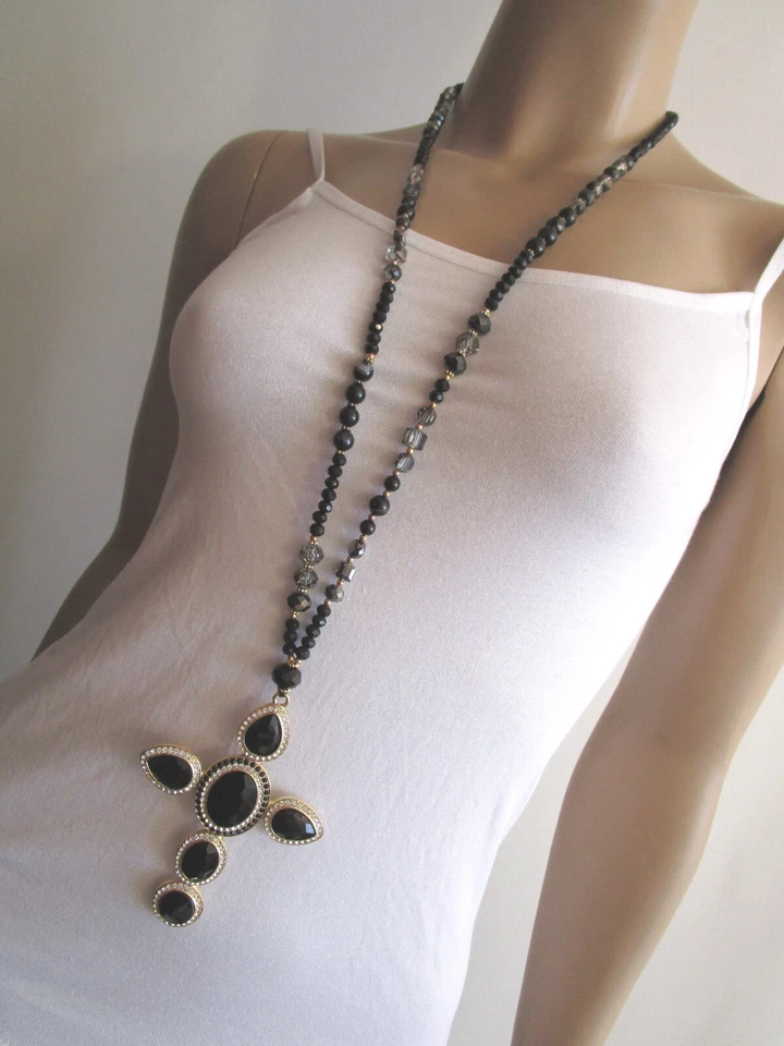 Strass Hals Kette lang Perlen Gold Schwarz Anhänger Mega XL Strass Kreuz Schwarz - Bild 3 von 4