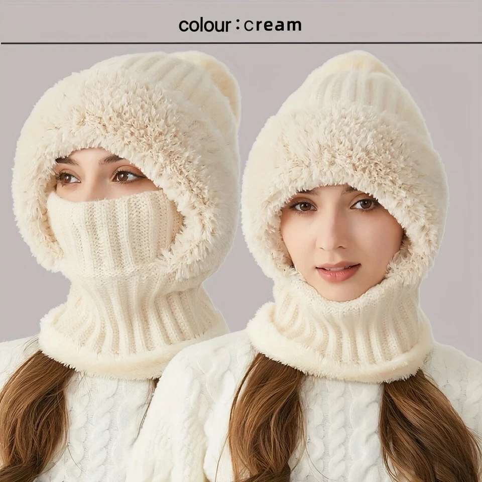 Winter Knit Hat with Fleece Lining and Ear Flaps - 3-in-1 Beanie Scarf Mask Set - Image 2 of 4