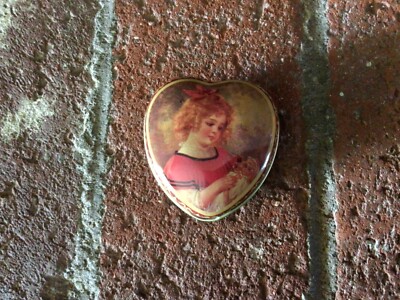 Brand New Vintage Pill Box Repro Victorian Girl Heart Shaped Tin