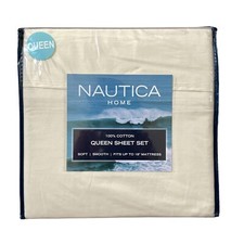 Nautica Home Beige Tan QUEEN Cotton Percale 4 Pc Sheet Set Soft Fits up to 18"