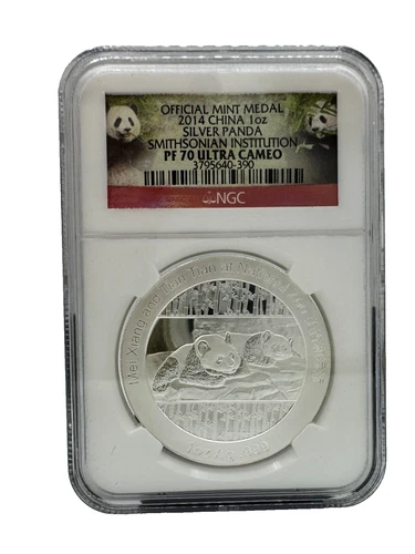 2014 Cina 1 oz Silver Panda Smithsonian Institution Coin NGC 390 PF70