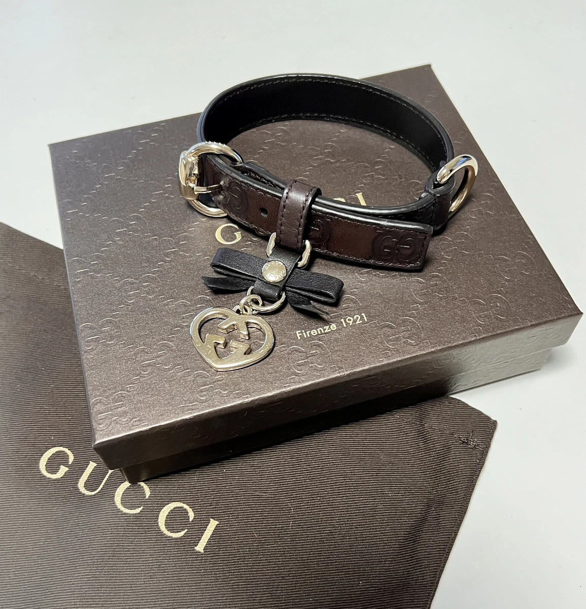 GUCCI GG Dog Collar Brown W/Charm 24.5-28.5cm W/Box Pouch for Small Dog