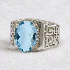 Aquamarine Oval Cut Gemstone With 14K Solid White Gold Ring For Men's 696