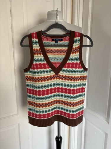 Boden Fair Isle Retro V Neck Wool Knit Vest Sleeveless Jumper Tank UK 10 VGC