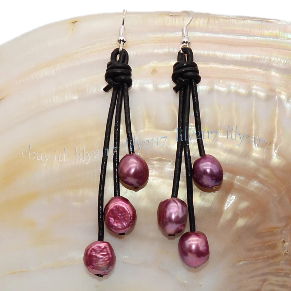 Pendientes de gancho colgantes de cuerda de cuero negro con perlas barrocas naturales de agua dulce 9-10 mm Foto 4 de 4