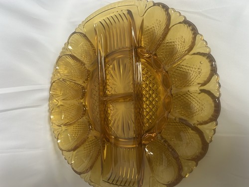 Vintage Indiana Glas Bernstein Nagelglas TEUFEL EIERTELLER TABLETT 12 Eier + Relish - Bild 3 von 3
