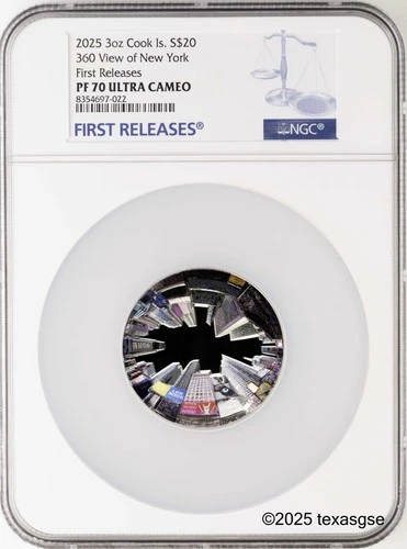2025 Cook Islands 3oz Silver $20 - 360 View of New York NGC PF70 First Release
