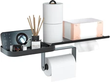 Toilet Paper Holder Wall Mount Metal Paper Towel Holder with Shelf Swivel Tis...