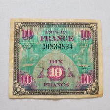 Allied Military Currency AMC 10 Ten Dix French Francs Banknote 1944 High Grade