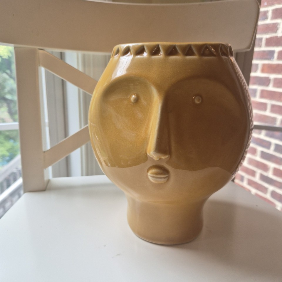 Mid-Century Modern Perpetual Glazed Yellow Ceramic Face Vase Head Sculpture Vase