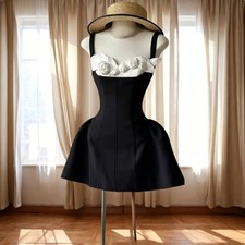 Black Satin Mini A‑Line Short 3D Rose Evening Dress Vintage Homecoming Prom Gown