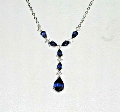 SUPERB SOLID 10K WHITE GOLD 3.40 CTW SAPPHIRE DROP NECKLACE
