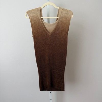 Boho OS Brown Ombre Hooded Knit Top Gradient Vest Beachy Relaxed Shabby Festival