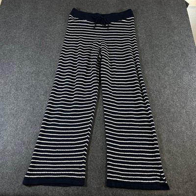 Pact Organic Cotton Linen Knit Striped Wide Leg Lounge Pants Navy White Medium