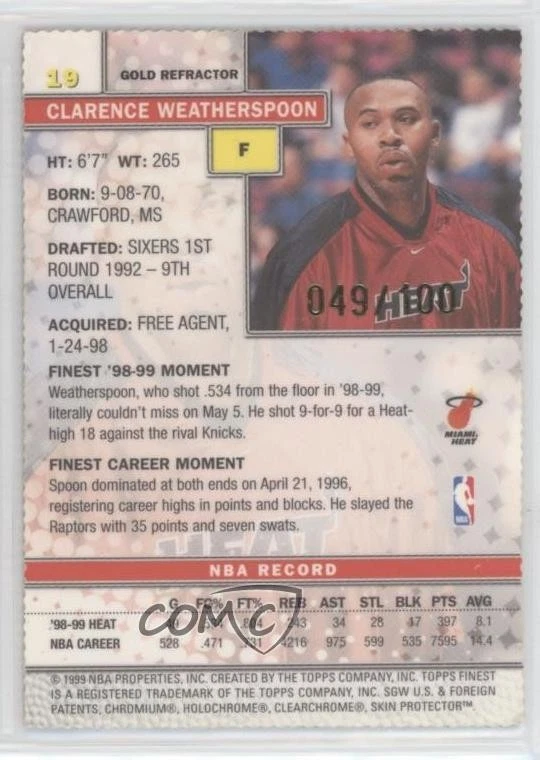 1999-00 Topps Finest Gold Refractor /100 Clarence Weatherspoon #19 - Image 2 of 2