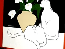 Maruschka: Two white Cats Calla Flowers Vase dark room screen print white black