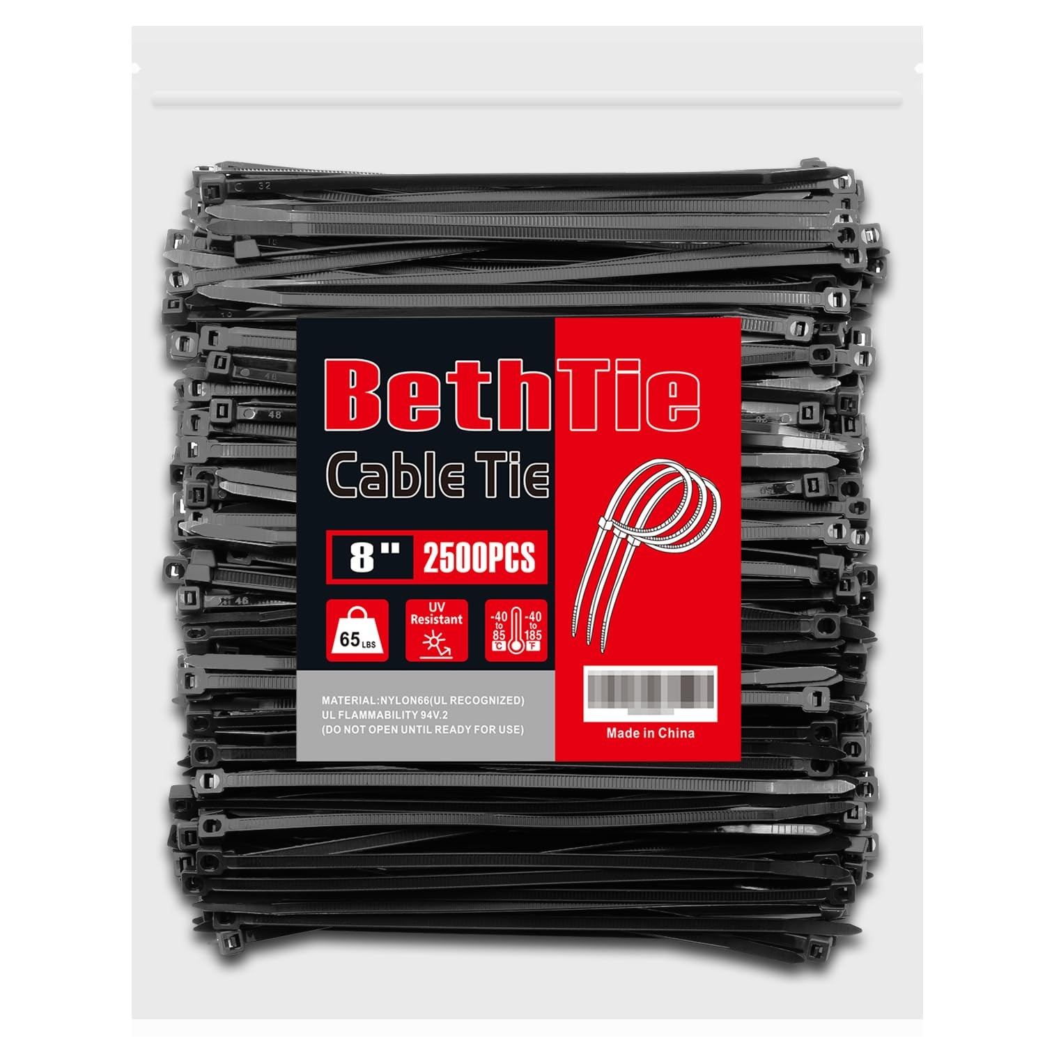 Heavy-Duty Black 8-Inch Zip Ties 2500 Pack, 65 LB Tensile Self-Locking Nylon Cable Ties