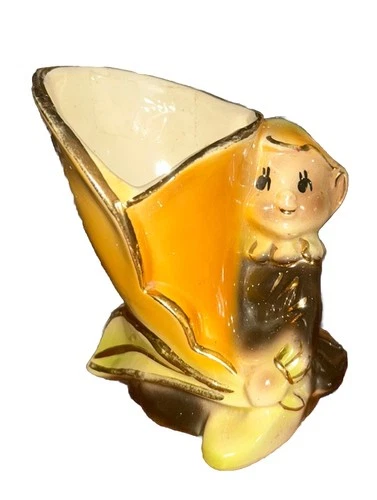 Vintage Elf Pixie Vase Shawnee Pottery Ceramic Flower Planter 4" Glaze Gold Trim