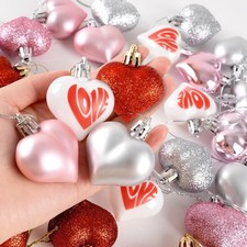 36Pcs Valentines Day Decor Heart Ornaments Classic Pink Silver Red
