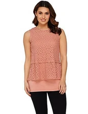 LOGO Lori Goldstein Coral Pink Embroidered Peplum Top &Tank Set L New Boutique