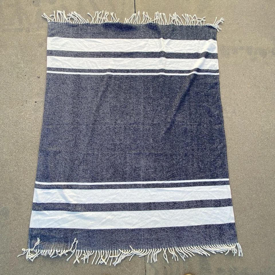 Roca Home Woven Throw Navy Blue & White Fringe Nautical Cozy - Image 2 of 4