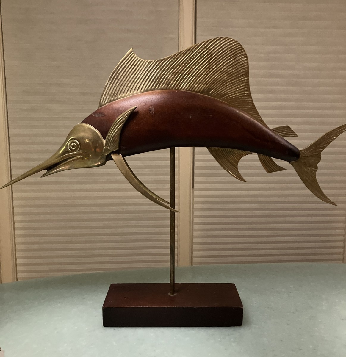 VTG 1950s Mantel Fish Swordfish Sport Fish Brass & Wood Statue