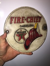 Texaco Sign Gasoline Fireman Cast Iron Patina Plaque Firefighter 9” Fire Chief