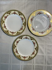 Spode Copeland China England Dinner Plate Set of 3 Gilded Gold and Pink Rose