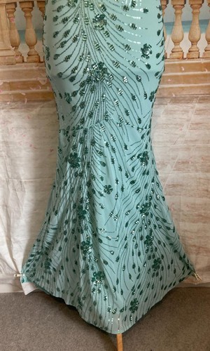 Dress 14 Green Sequin QUIZ Ballgown Fishtail Train Stretch Evening Crossback - Picture 5 of 9