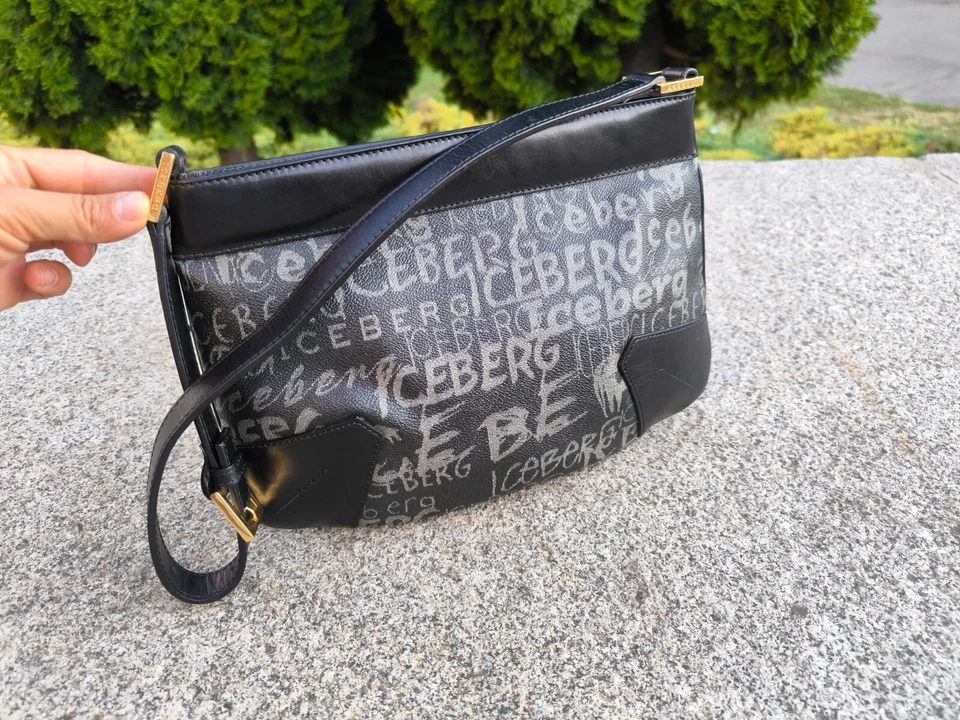 Iceberg Negro Gris Cuero Monograma Logo Bolso de Hombro Baguette Foto 3 de 4