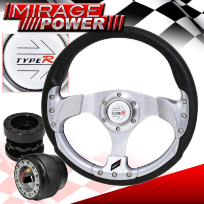 Black Hub Extender + 320mm Silver Fusion Style Steering Wheel For 89-05 Eclipse
