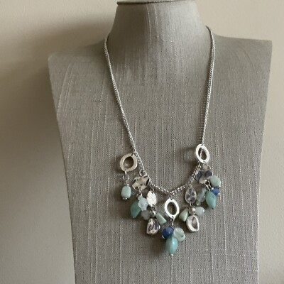 Aqua sea foam green acrylic beaded necklace in silver tone 