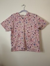 Peaches Scrub Top Medical Uniform Small Pink Floral Butterflies V Neck
