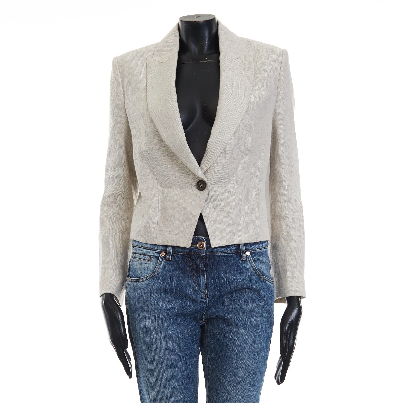 Brunello Cucinelli — BRUNELLO CUCINELLI 3090$ Cropped Blazer - Beige Herringbone Linen, Monili Trim