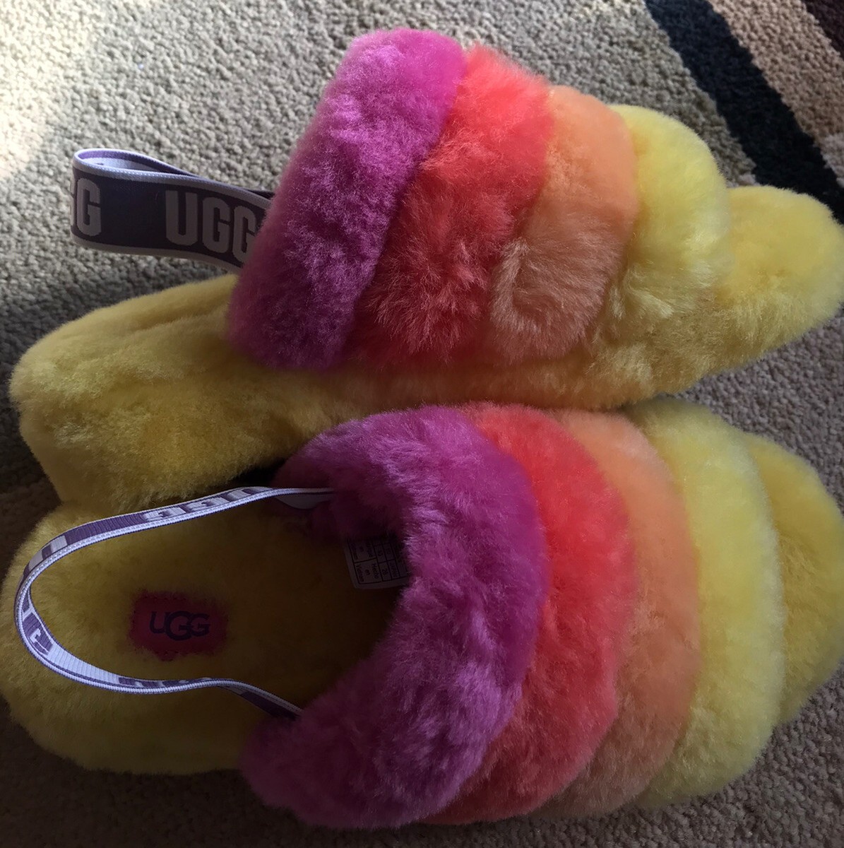 UGG Women's Fluff Yeah Slide Yellow Multi Slippers Size NEW