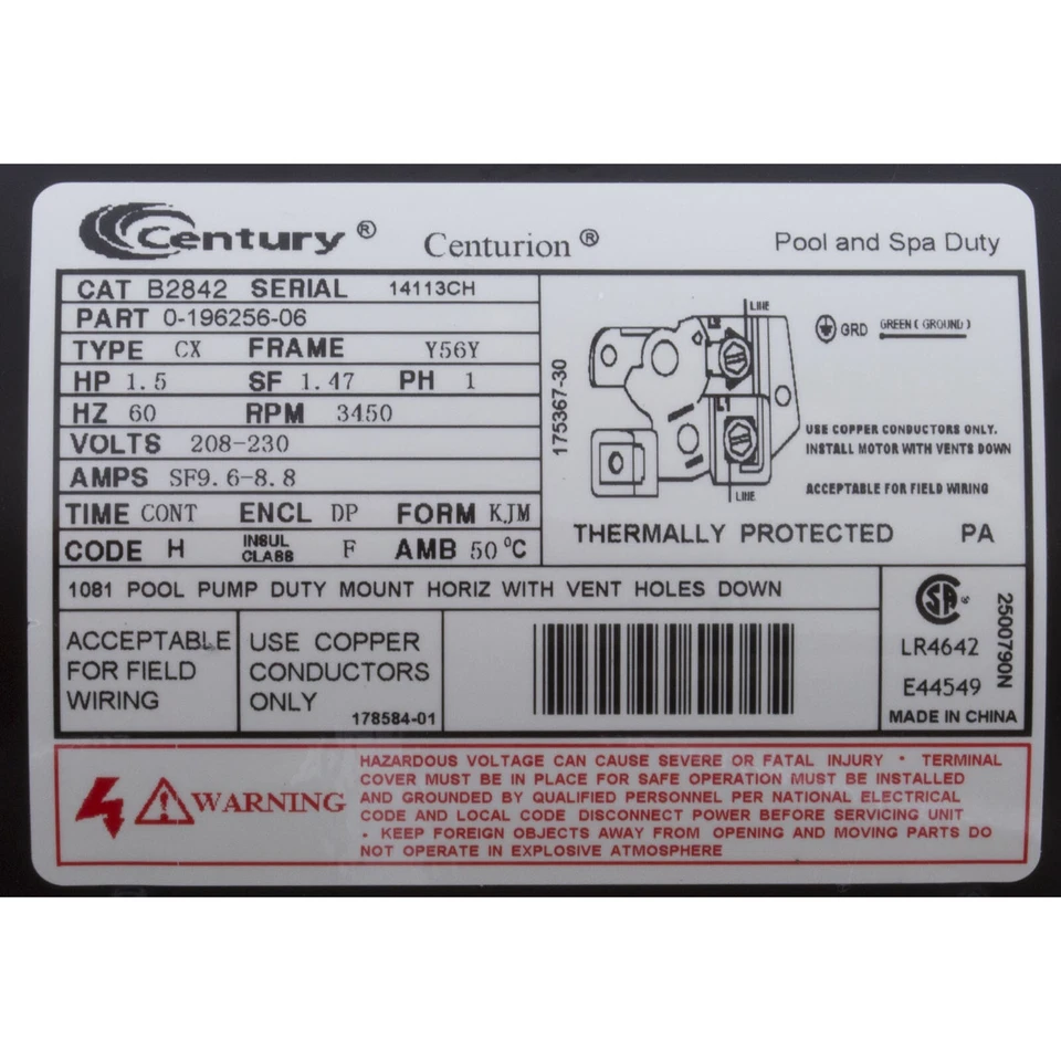 Motor, Century, 1.5hp, 208v-230v, 1-Spd, 56Yfr, SQFL, EE, Full Rate - Image 3 of 4