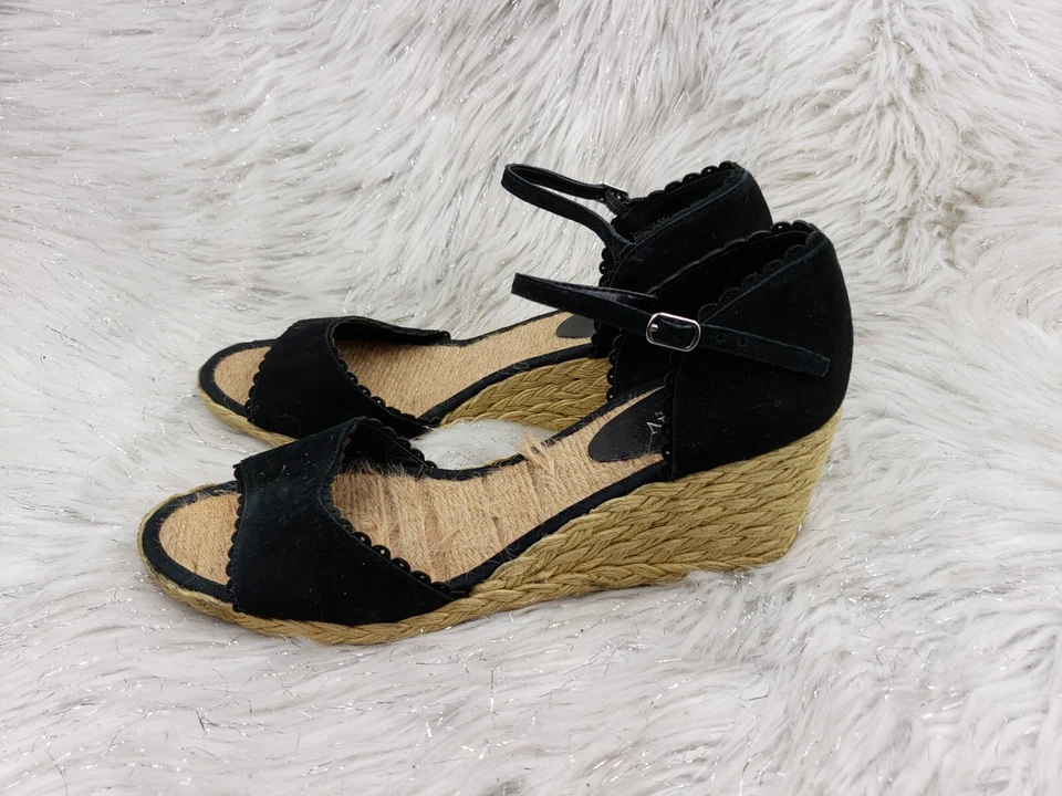 Sandalias LAUREN by Ralph Lauren Tacón Cuerda Cuña Cuero Negro Correa al Tobillo Talla 8.5B Foto 3 de 4