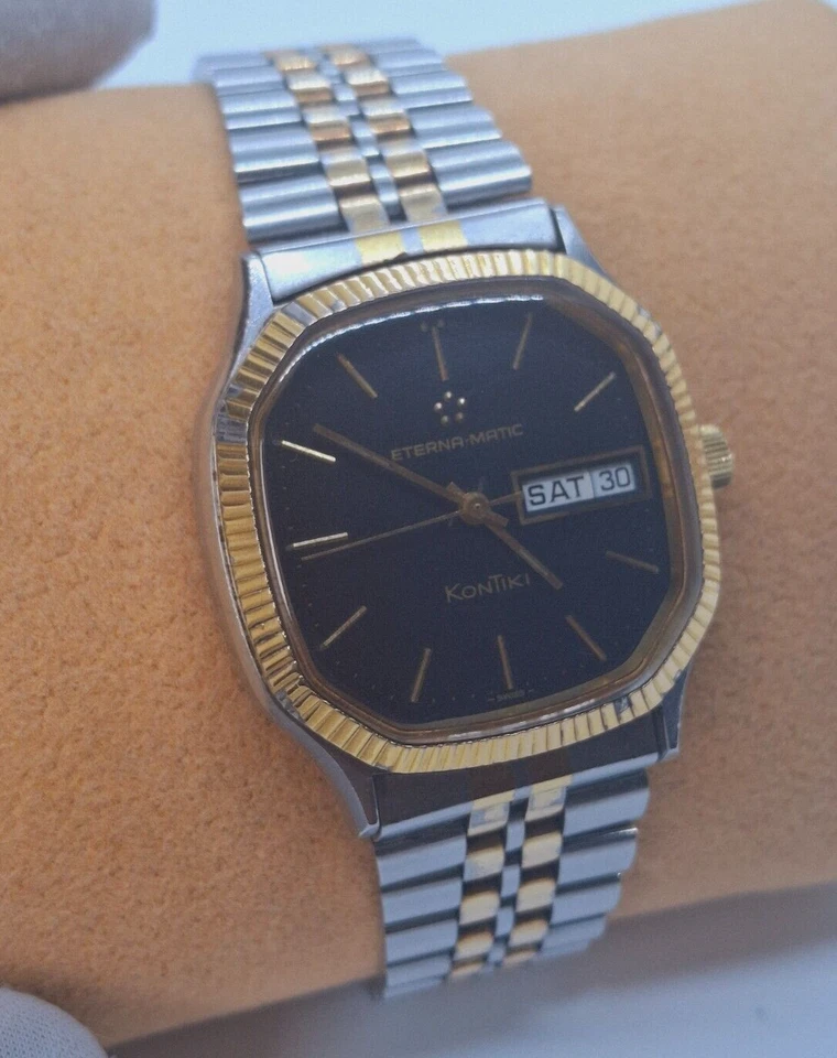 RELOJ ETERNA MATIC KONTIKI RARO ESFERA NEGRA DÍA-FECHA DOS TONOS AUTOMÁTICO AÑOS 80  Foto 4 de 4