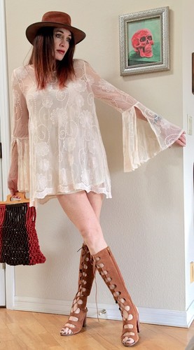 Vtg Boho Hippie Sheer Mesh Embroidered Bell Sleeve Festival Tunic Dress L - 第 1/12 張圖片