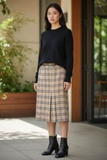 Y2K Vintage Nova Check Plaid Long Skirt Sz M Tan Designer Style Checkered Preppy