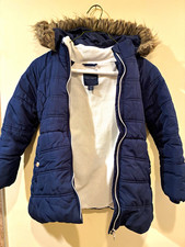 Tommy Hilfiger Girls Blue Hooded Puffer Jacket Full Zip Fur Trim XS