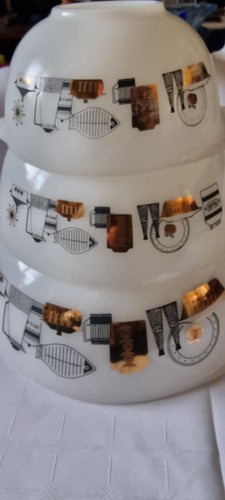 Rare Australian Agee Pyrex Kitchen Motif Round Nesting Bowl Set Of 3 - Picture 8 of 12