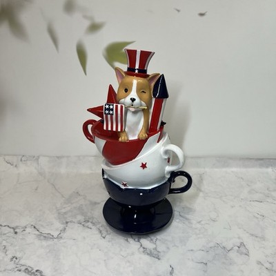 Patriotic Corgi in Teacups Figurine 4th of July Uncle Sam Dog Decor Red Blue
