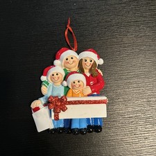 Christmas Ornament Holiday Family Of Four With Present Can Be Personalized
